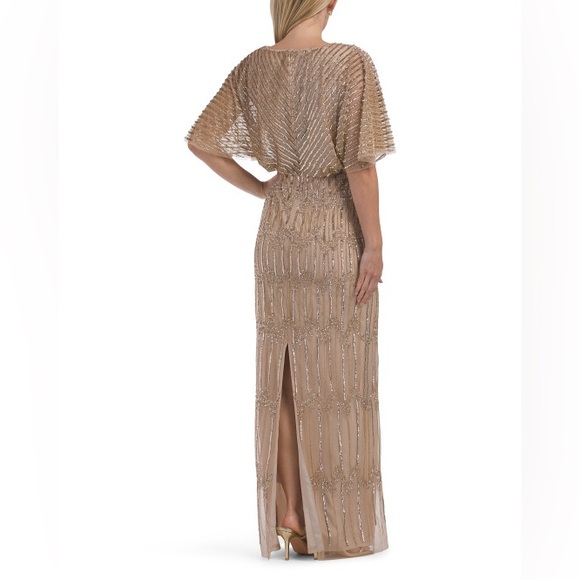 ADRIANNA PAPELL HAND BEADED SHORT SLEEVE ILLUSION GOWN CHAMPAGNE GOLD - Picture 4 of 5